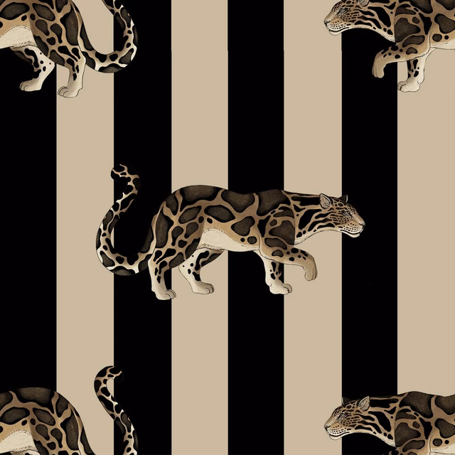 Clay and black striped wallpaper with large spotted leopards in profile
