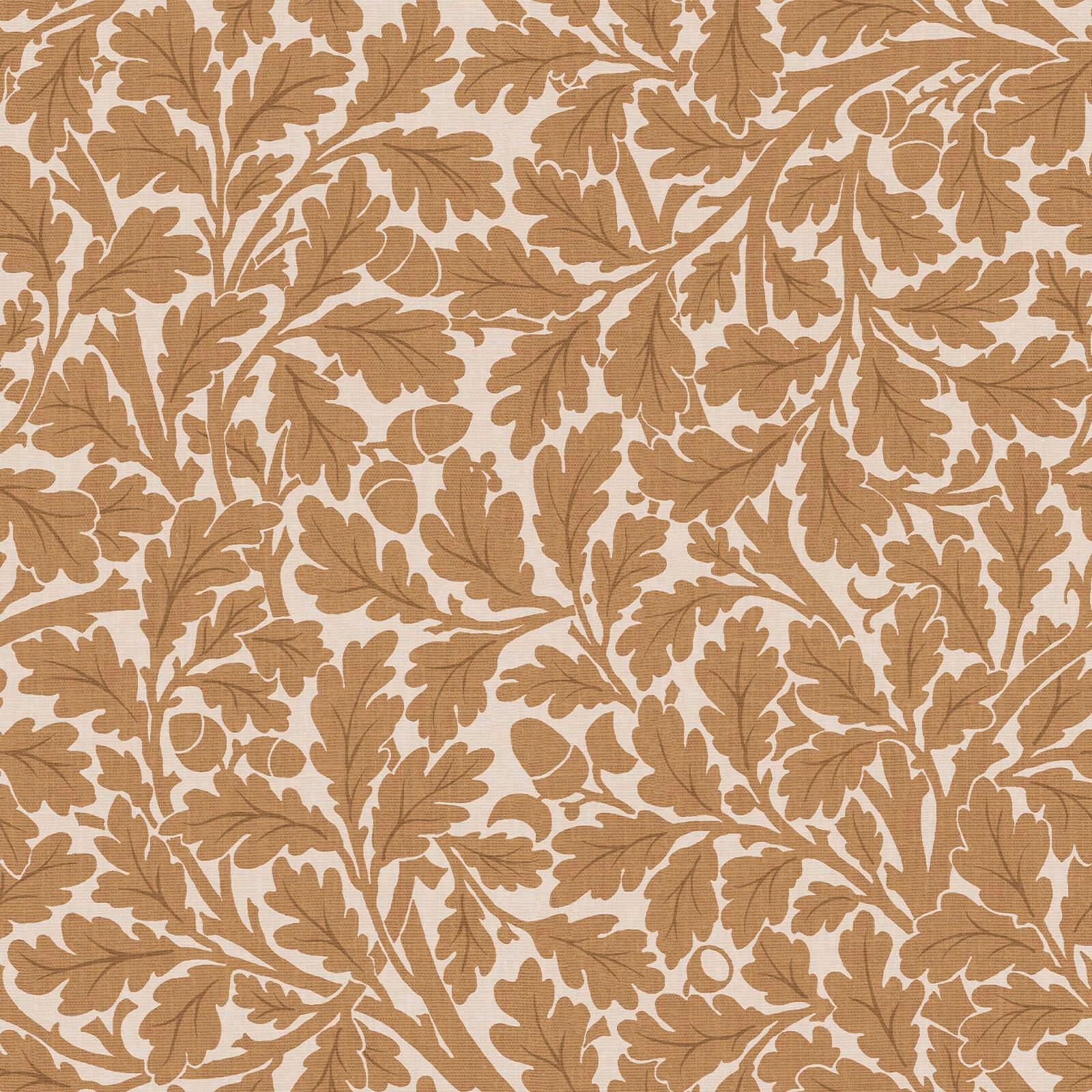 Warm amber-brown oak leaves and curling stems on a pale cream wallpaper ground