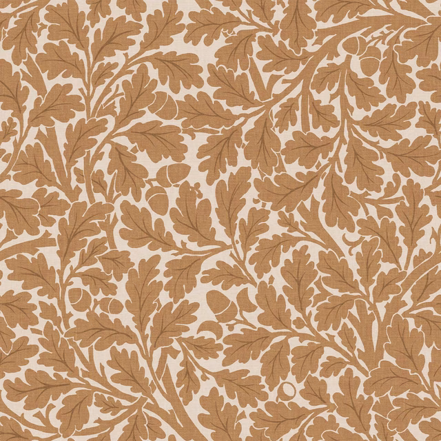 Warm amber-brown oak leaves and curling stems on a pale cream wallpaper ground