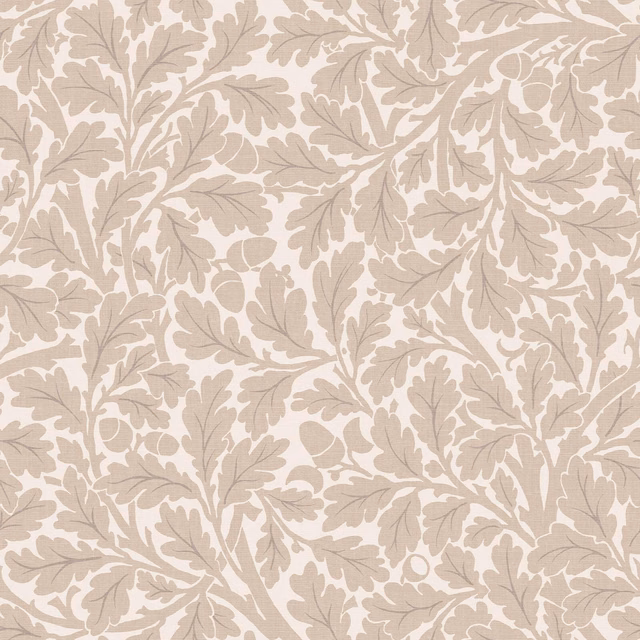 Taupe oak leaves and acorns repeat across a soft cream wallpaper ground