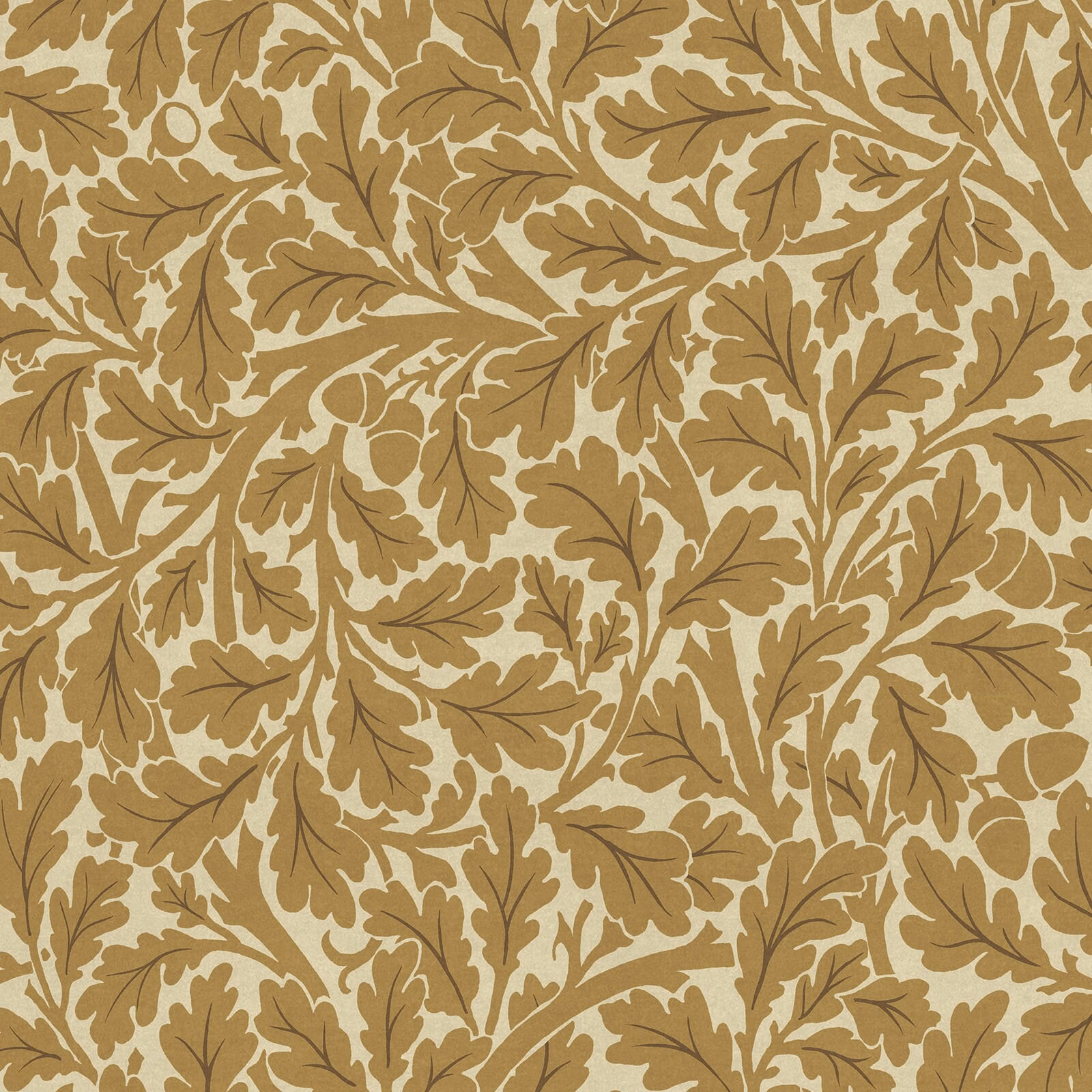 Dense ochre oak leaves and curling stems on a warm beige wallpaper ground