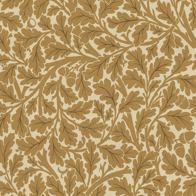 Dense ochre oak leaves and curling stems on a warm beige wallpaper ground