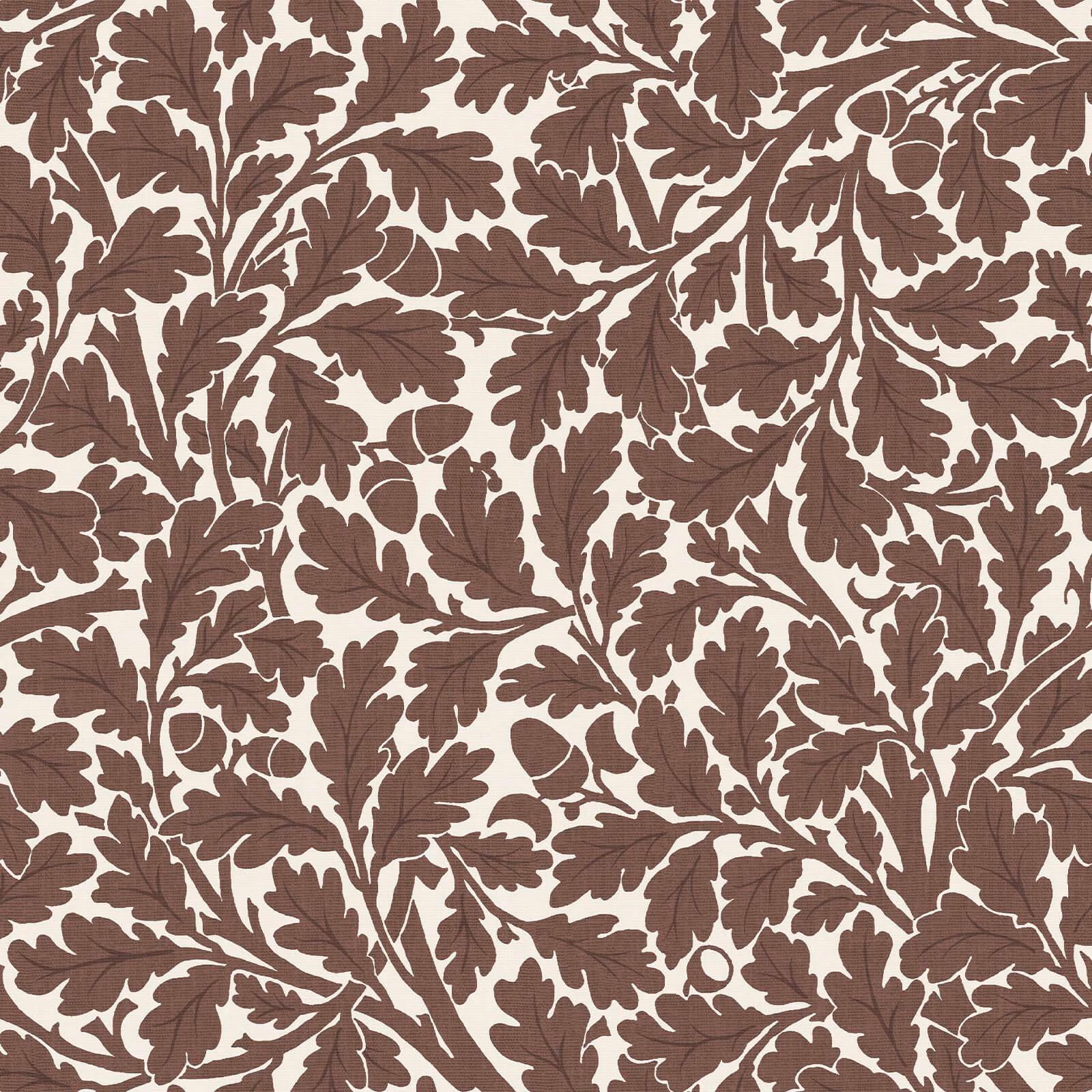Warm brown oak leaves and acorns densely branch across a cream ground
