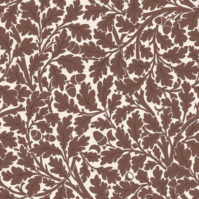 Warm brown oak leaves and acorns densely branch across a cream ground