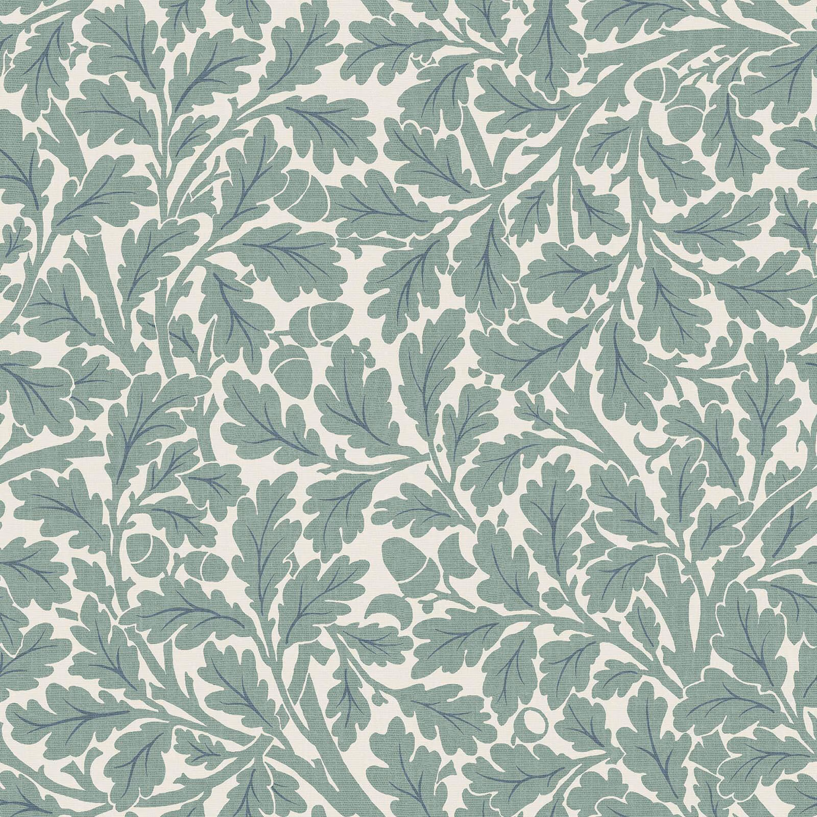 Moonstone wallpaper with dense sage oak leaves, branches and acorns on chalky ground