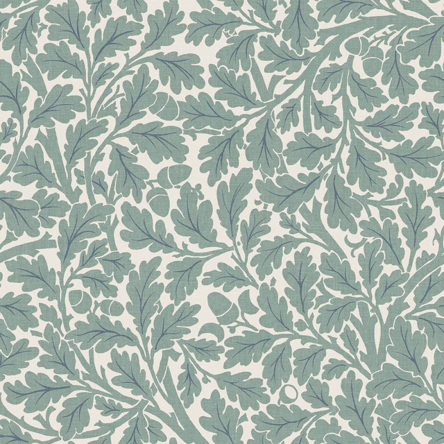 Moonstone wallpaper with dense sage oak leaves, branches and acorns on chalky ground