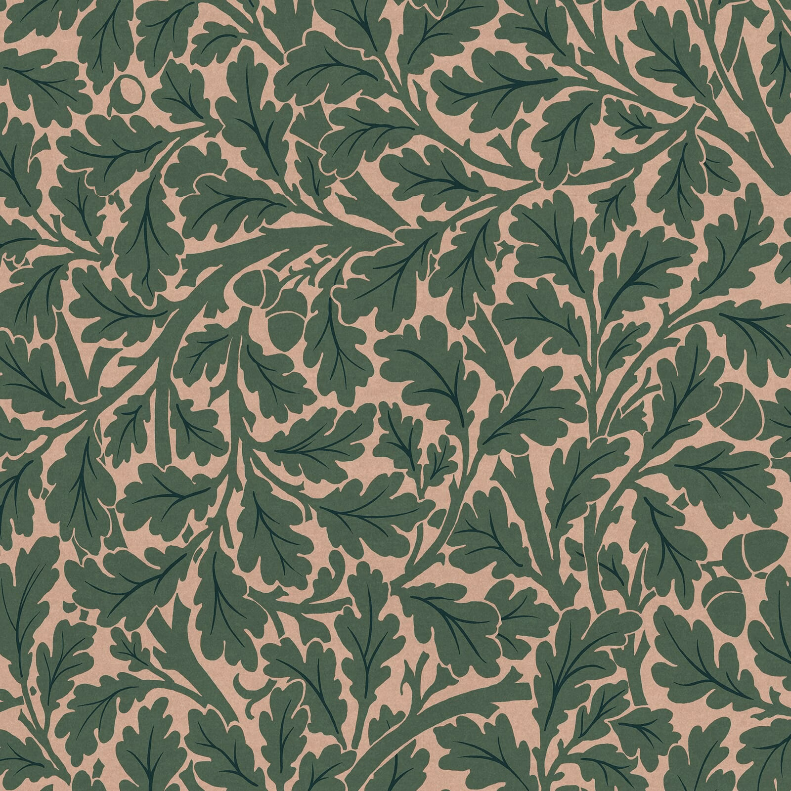 Dense forest-green oak leaves on a muted blush-pink ground