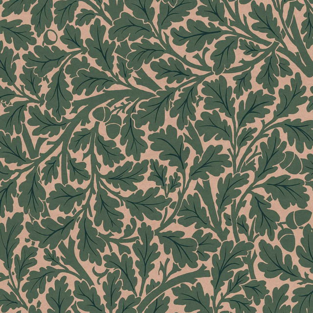 Dense forest-green oak leaves on a muted blush-pink ground