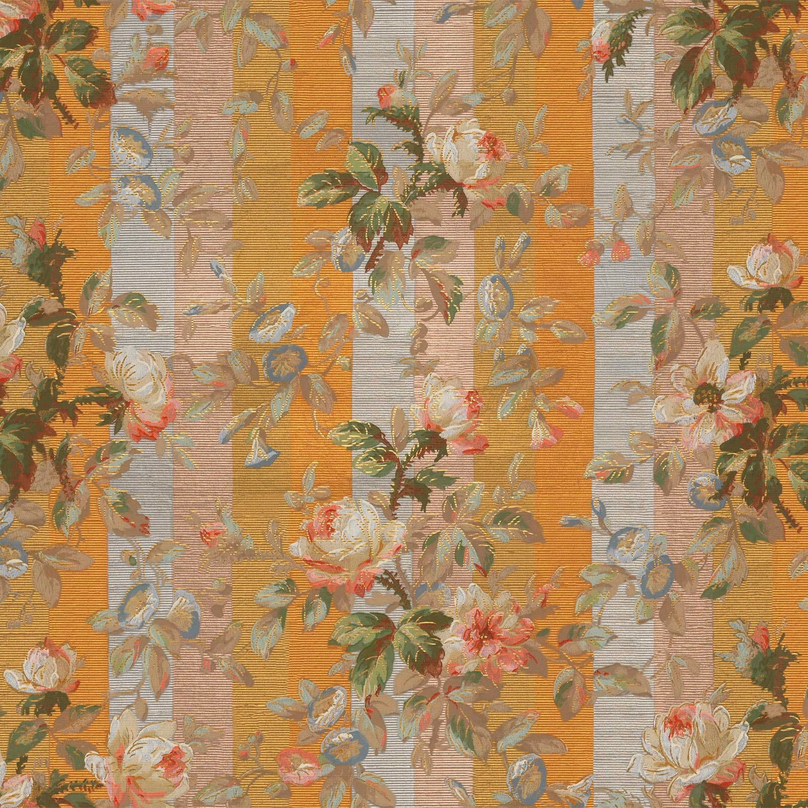 Ochre striped wallpaper with blush roses, blue-grey flowers and leafy botanical sprays