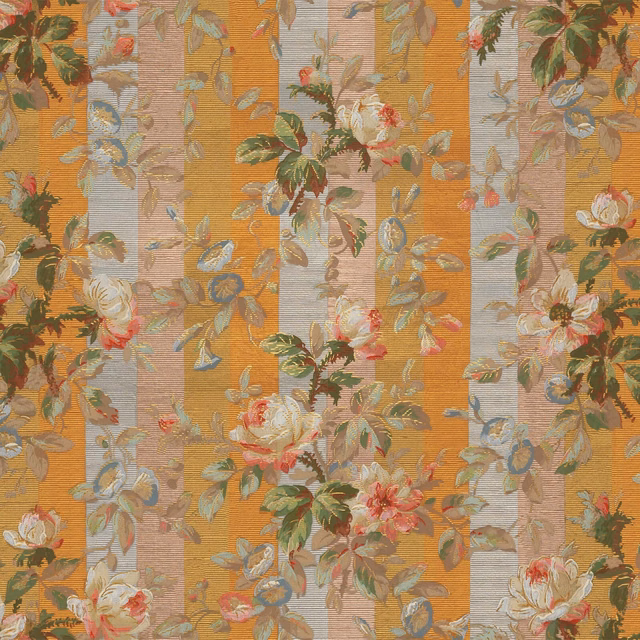 Ochre striped wallpaper with blush roses, blue-grey flowers and leafy botanical sprays