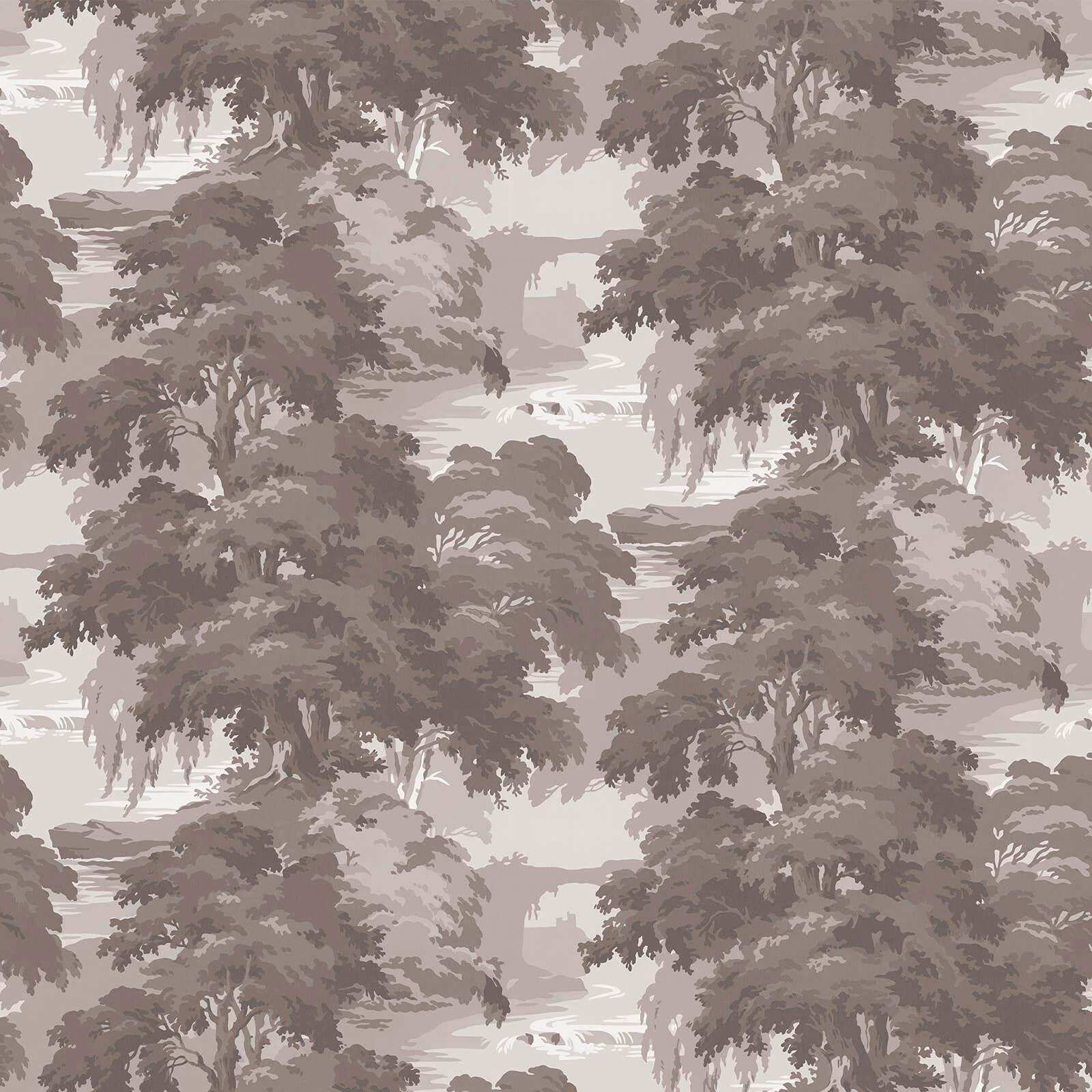 Large scenic woodland wallpaper in soft fawn, taupe, grey and cream tones