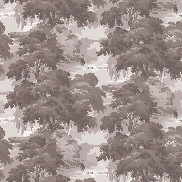 Large scenic woodland wallpaper in soft fawn, taupe, grey and cream tones