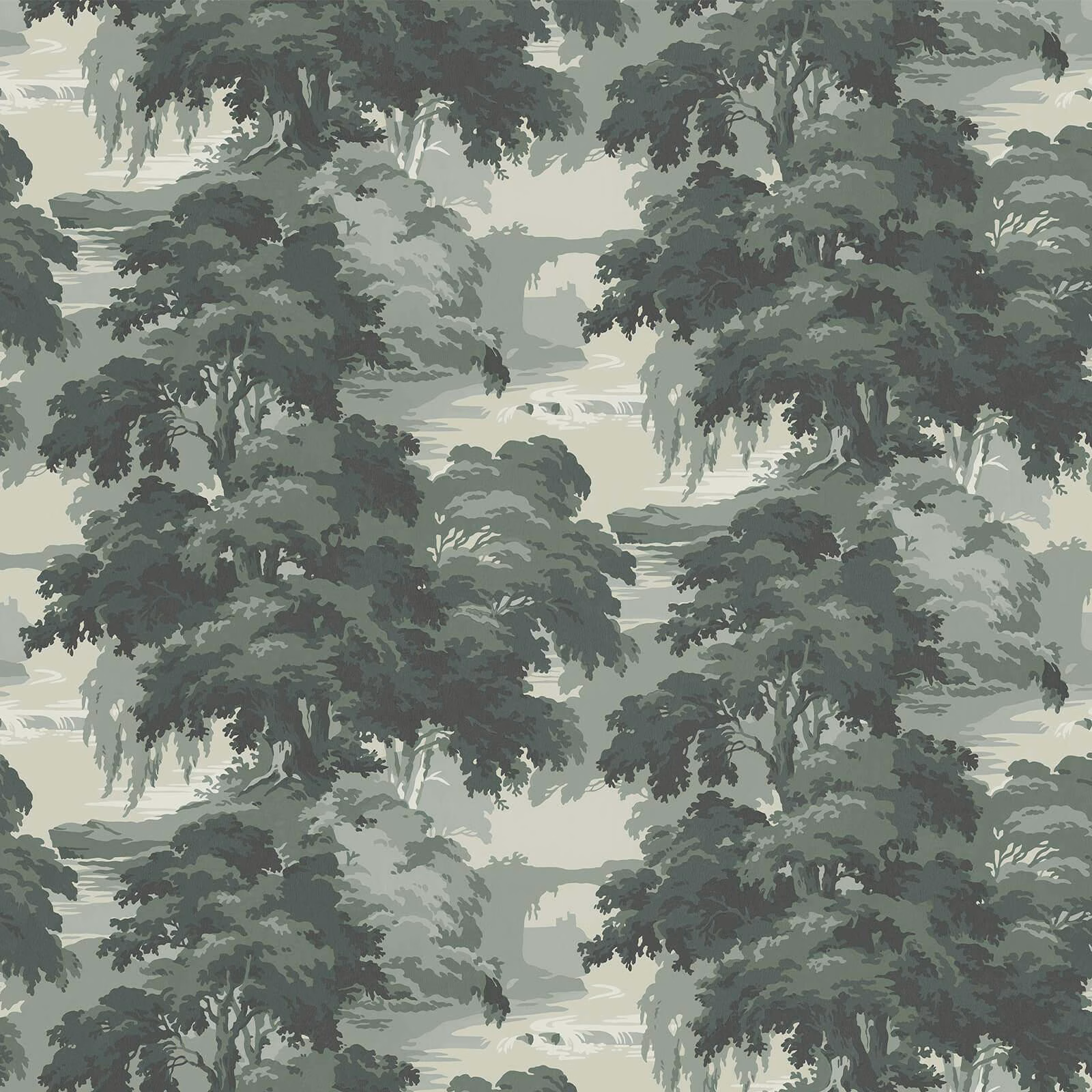Muted Verde wallpaper with layered trees, misty clearings and deep green foliage