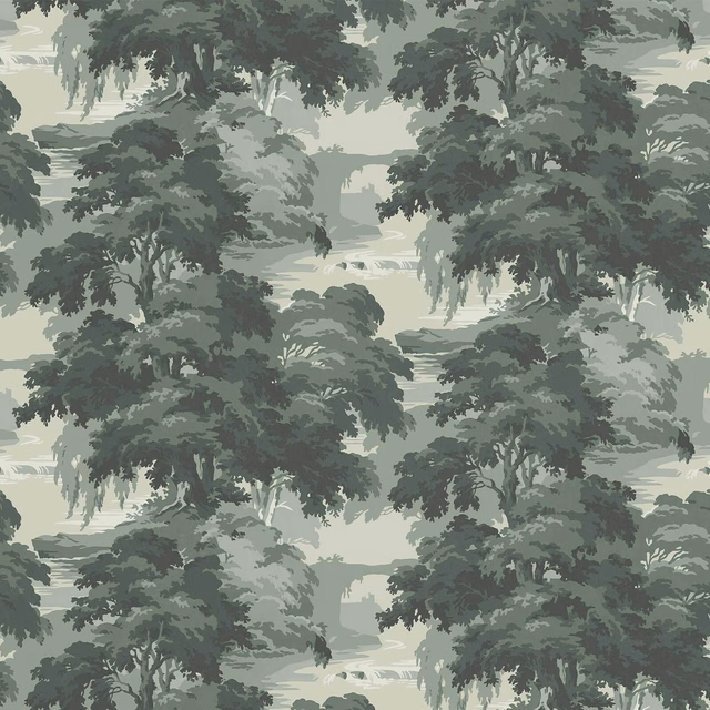 Muted Verde wallpaper with layered trees, misty clearings and deep green foliage