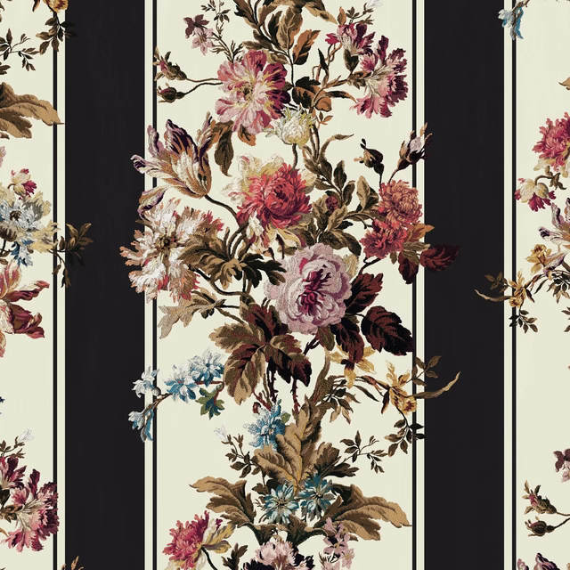 Ivory floral garland panels divided by black stripes, with burgundy, blush and blue blooms