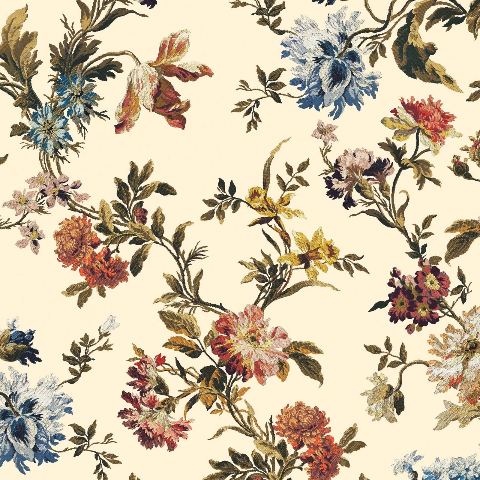 Ecru wallpaper with blue, coral and yellow botanical flowers and leafy sprays