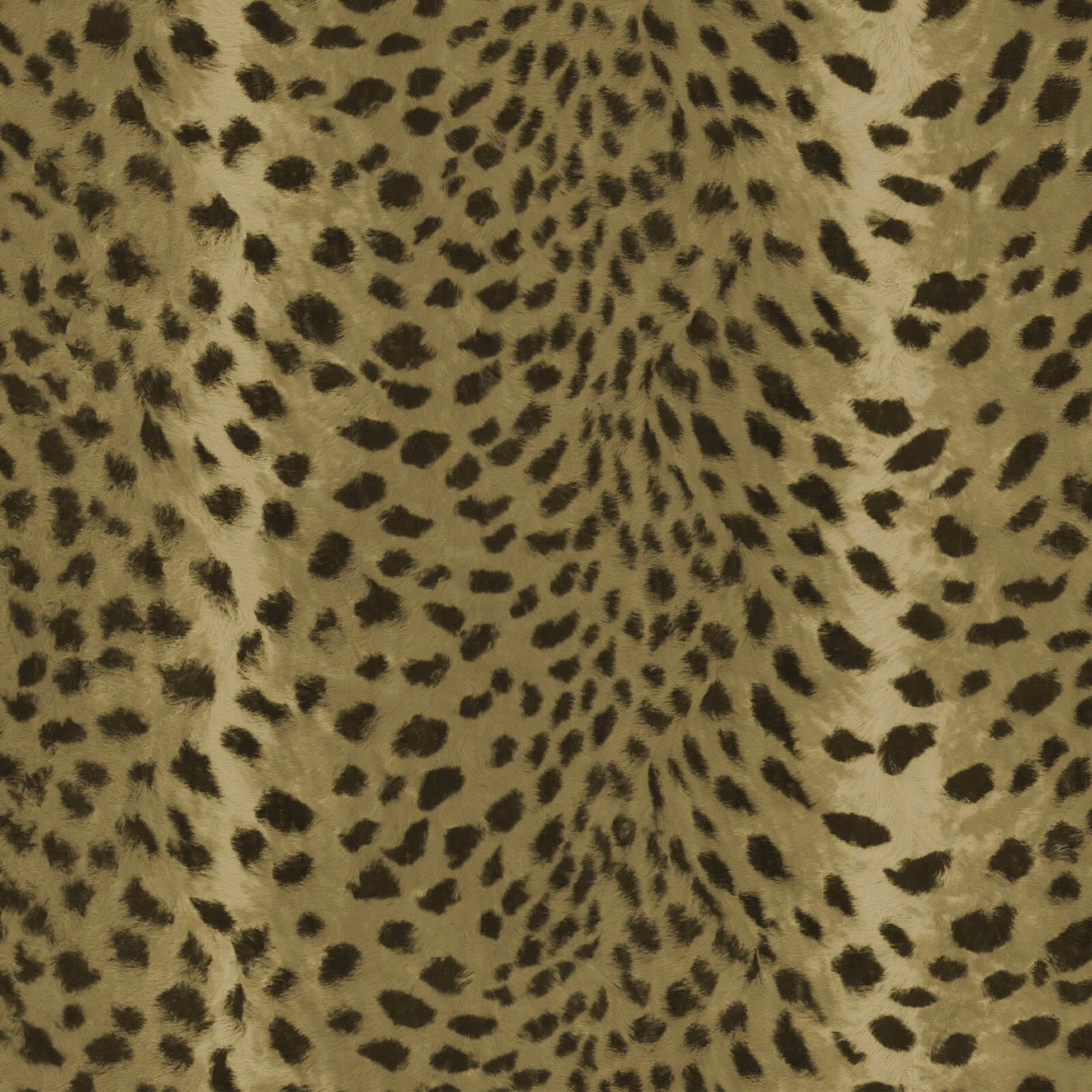 Muted olive-gold wallpaper with dark brown-black animal spots in a radiating pattern