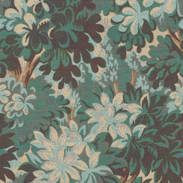 Dense cerulean teal floral wallpaper with cream blooms and dark plum leaves