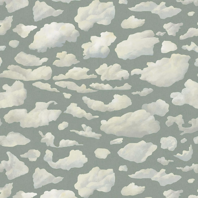Painterly ivory clouds scattered across a cool muted sage-green wallpaper ground