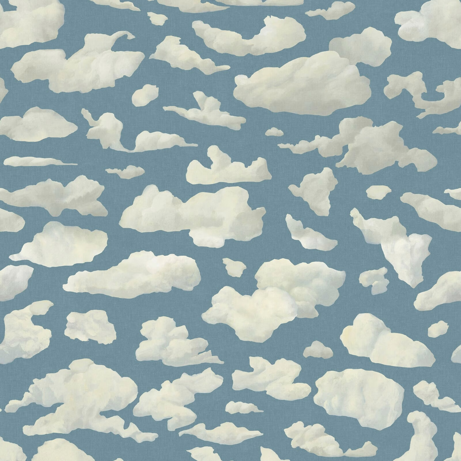 Painterly ivory clouds scattered across a cool blue-grey sky wallpaper