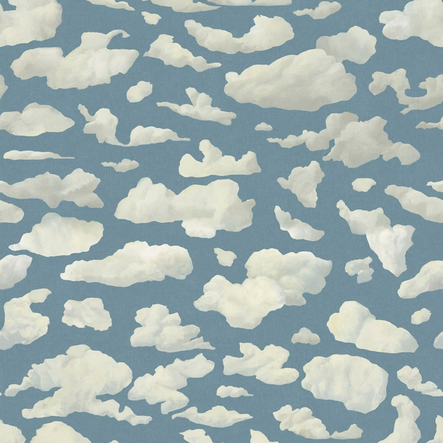 Painterly ivory clouds scattered across a cool blue-grey sky wallpaper