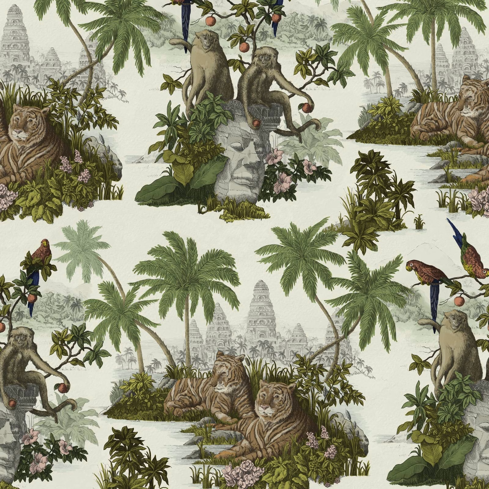 Pale green jungle wallpaper with tigers, palms, monkeys and distant temple silhouettes