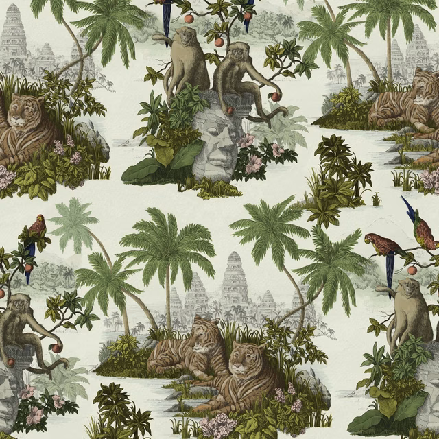 Pale green jungle wallpaper with tigers, palms, monkeys and distant temple silhouettes