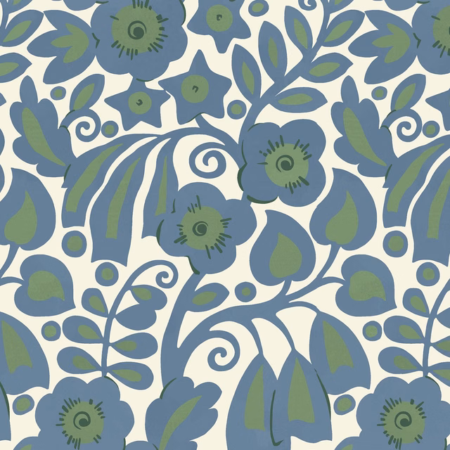 Delphinium wallpaper with muted blue flowers, sage leaves and curling cream-ground stems