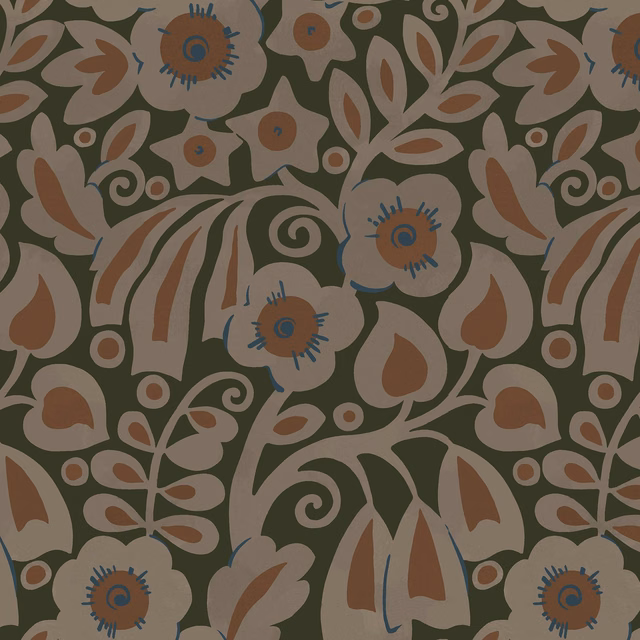 Deep olive botanical wallpaper with blush petals, cream flowers and blue centre details