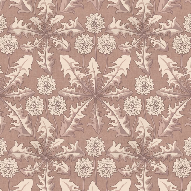 Dusty mauve-taupe wallpaper with cream acanthus leaves and rosette flowers