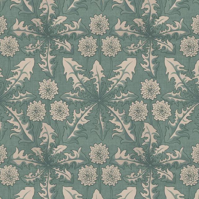 Sage-green wallpaper with cream rosettes and scrolling botanical leaves