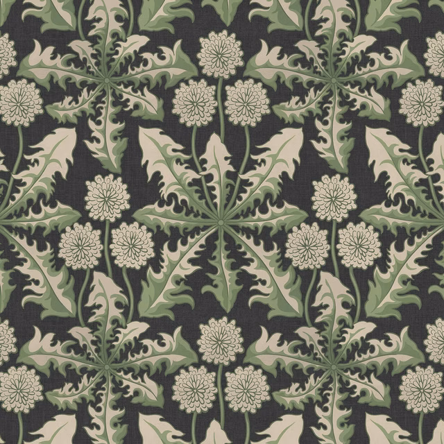 Charcoal Noir wallpaper with sage botanical foliage and cream rosette flowerheads