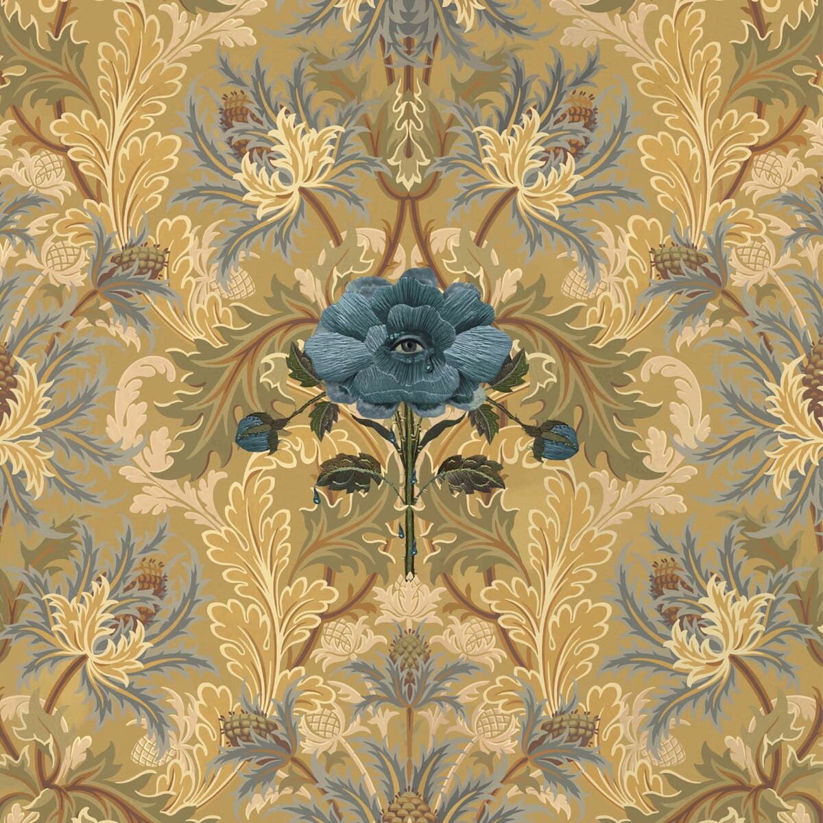Aurelian wallpaper with a dusky blue rose and olive-gold botanical repeat