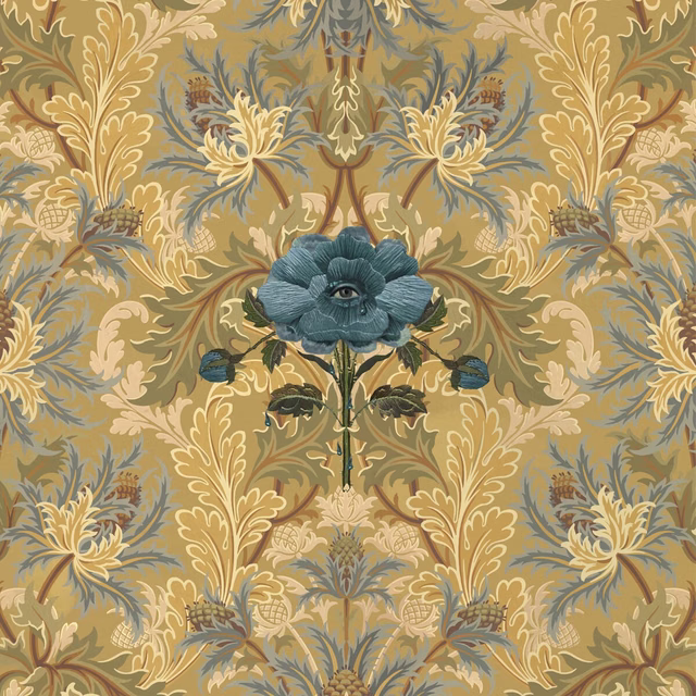 Aurelian wallpaper with a dusky blue rose and olive-gold botanical repeat