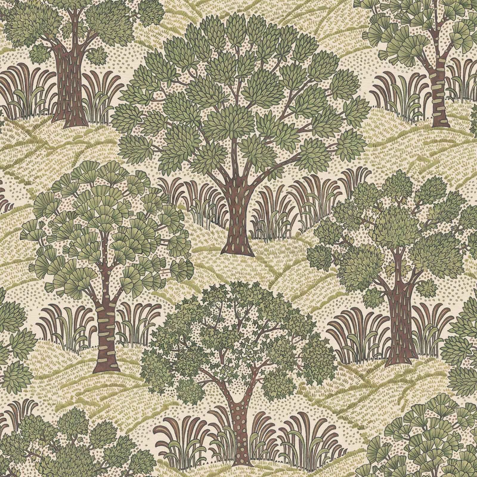 Ecru woodland wallpaper with olive trees, brown trunks and rolling grassy hills