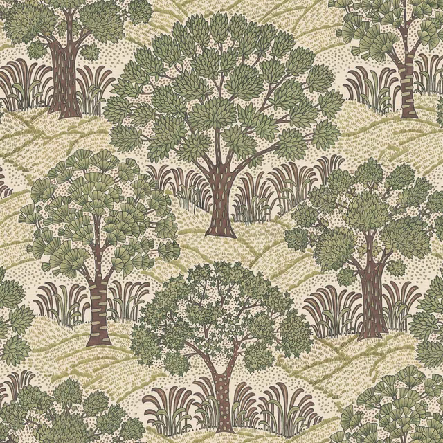 Ecru woodland wallpaper with olive trees, brown trunks and rolling grassy hills