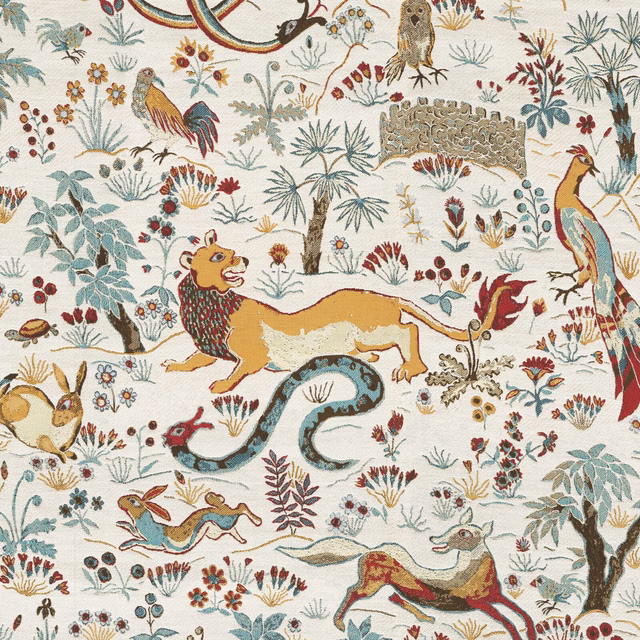 Ecru wallpaper with illustrated lion, birds, serpent, botanicals and muted jewel accents