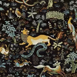 Onyx wallpaper with black ground, exotic birds, lion, serpent and dense botanical motifs