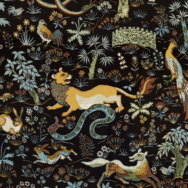 Onyx wallpaper with black ground, exotic birds, lion, serpent and dense botanical motifs