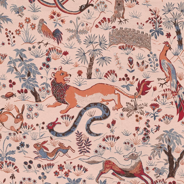Blush wallpaper with rust animals, blue-grey palms, birds and dense floral illustrations