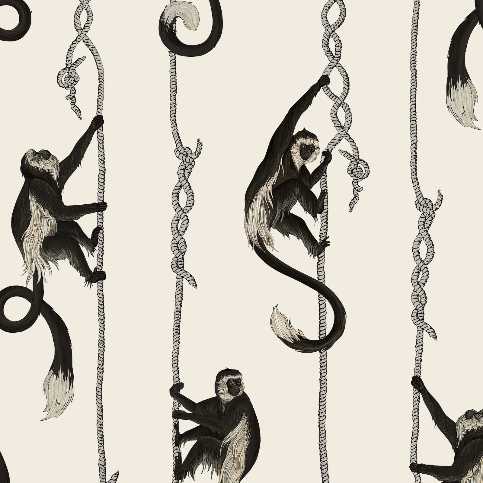 Warm birch wallpaper with black-and-grey monkeys climbing illustrated hanging ropes