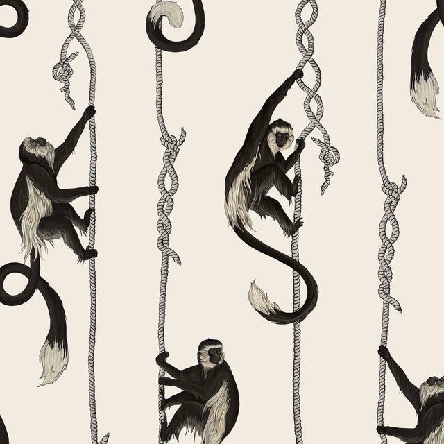Warm birch wallpaper with black-and-grey monkeys climbing illustrated hanging ropes