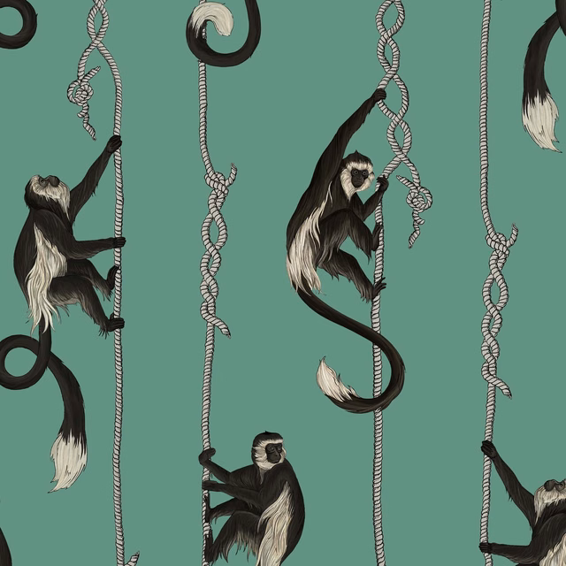Parakeet green wallpaper with black-and-cream monkeys climbing striped ropes