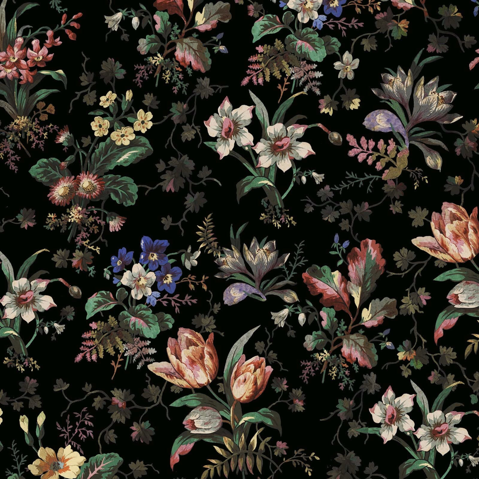 Onyx wallpaper with an inky black ground and muted tulips, foliage and small blossoms
