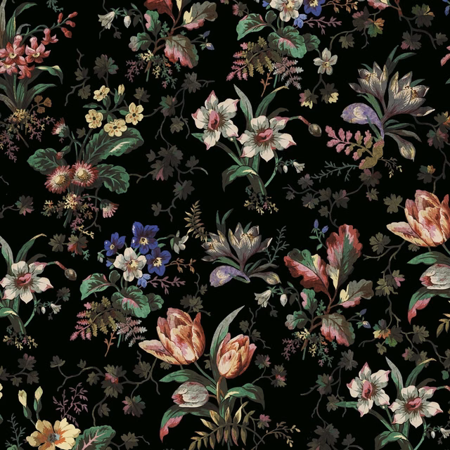 Onyx wallpaper with an inky black ground and muted tulips, foliage and small blossoms