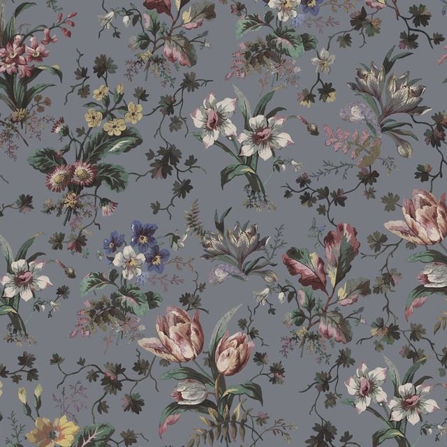 Cool pewter wallpaper with scattered tulips, leaves and fine trailing botanical stems