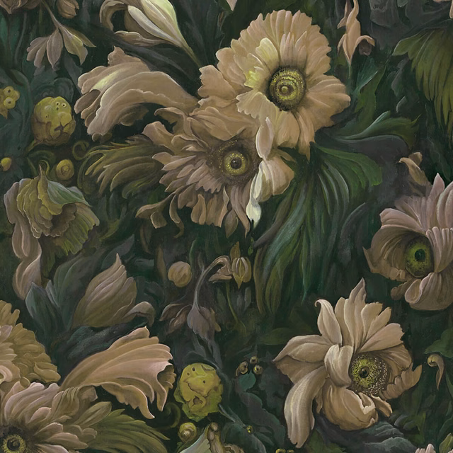 Deep forest green wallpaper with oversized ivory blooms and olive botanical foliage