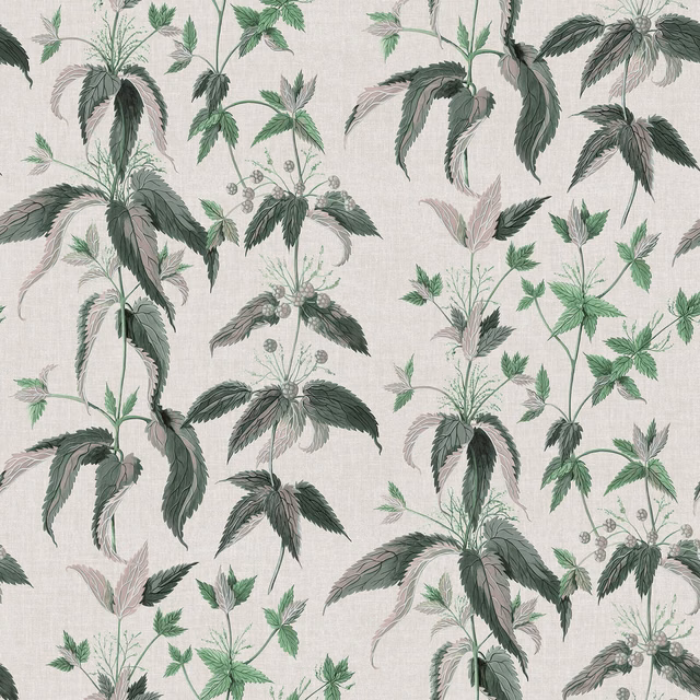 Pale grey Cirrus wallpaper with trailing sage, forest-green and blush botanical leaves