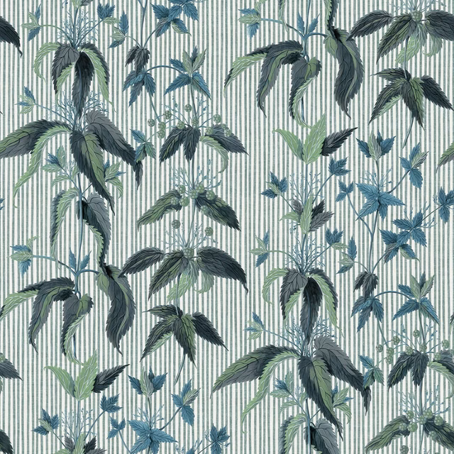 Charcoal leaves and blue-green foliage over fine pale vertical stripes