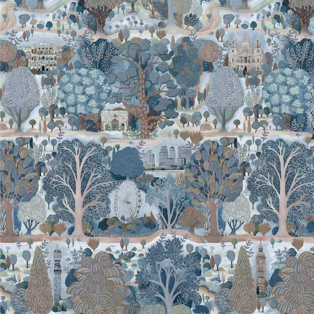Autumn wallpaper with a detailed woodland landscape in blue, sage, taupe and cream